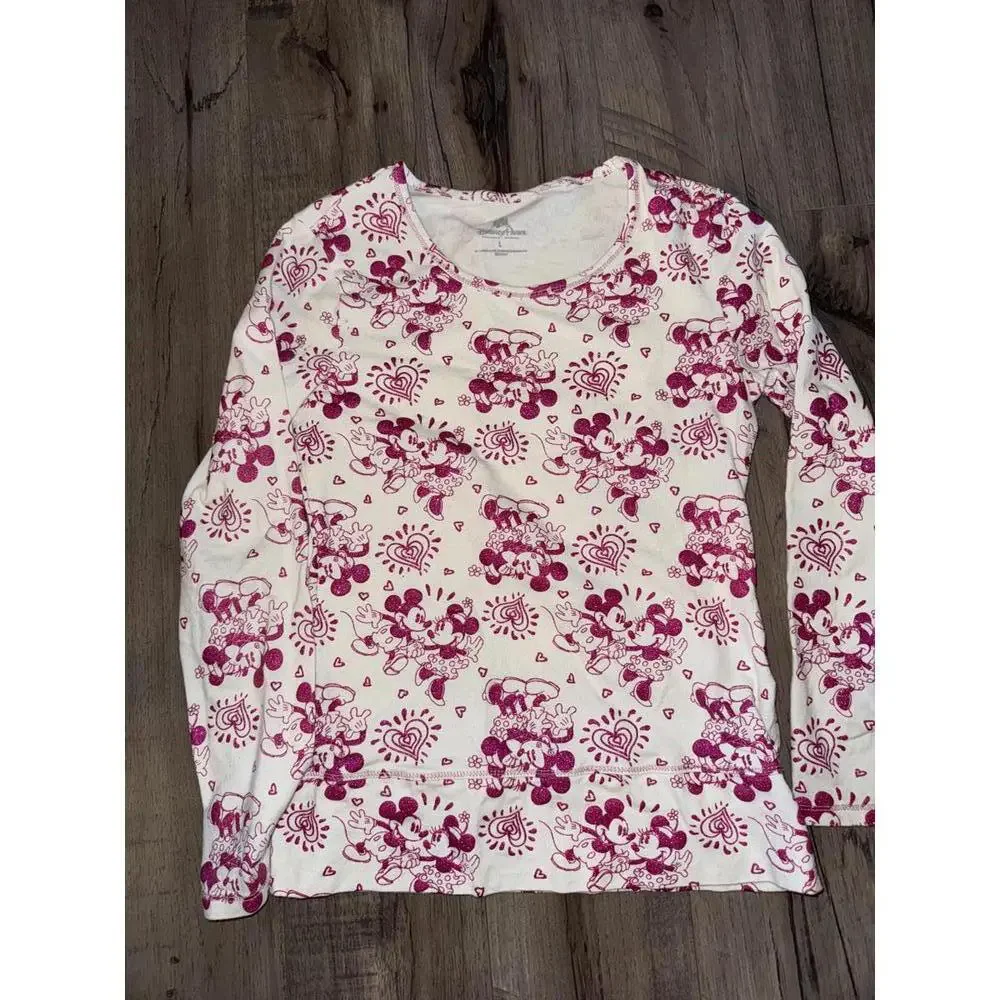 Girls Disney Parks Mickey Minnie Glitter Long Sleeve Shirt Pink Size Large Heart